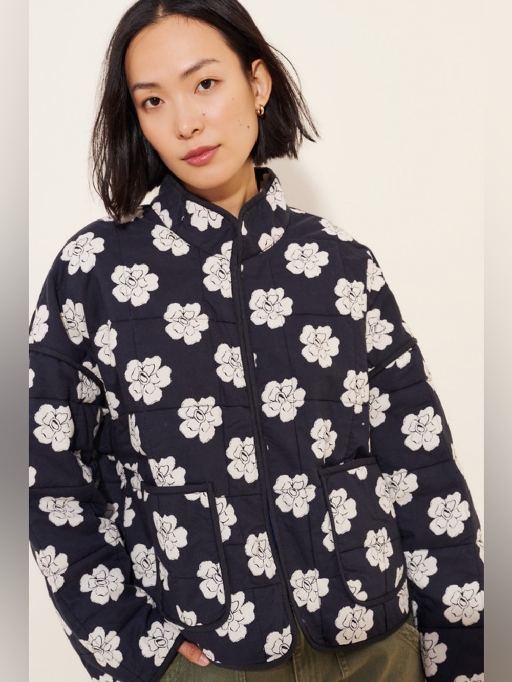 Free People Chloe Quilted Jacket - Black Floral